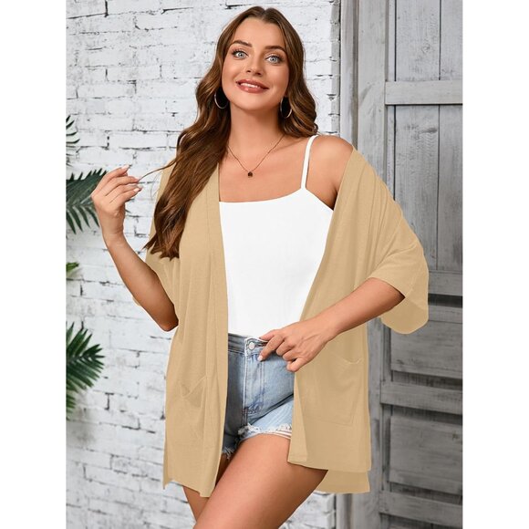 Plus Size Women's Knit Short Sleeve Cardigan Pockets Summer Casual Wear - Picture 3 of 5